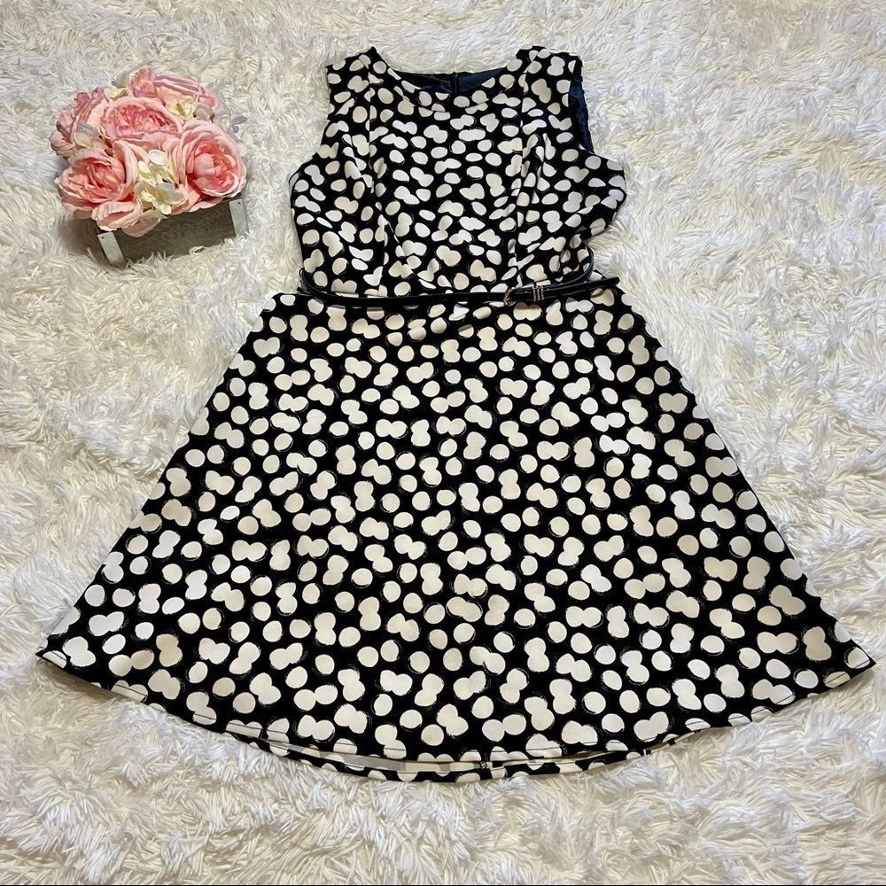 AB Studio Women’s Black & White Polka Dot Dress Size 8 Classic Elegant Midi